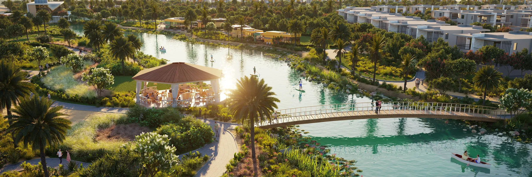 Landscaped lake and walking paths within the community